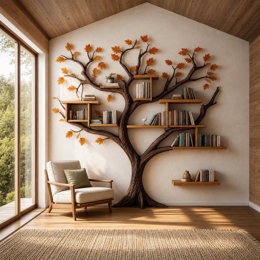 Rustic Tree Bookcase Wall Mouted Floating Shelf Decor Living Room Gift
