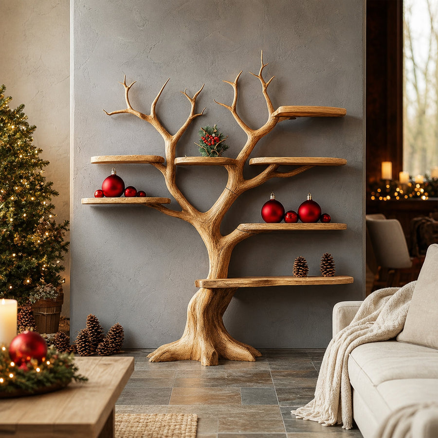 Rustic Tree Bookshelf Artistic Christmas Wall Decor
