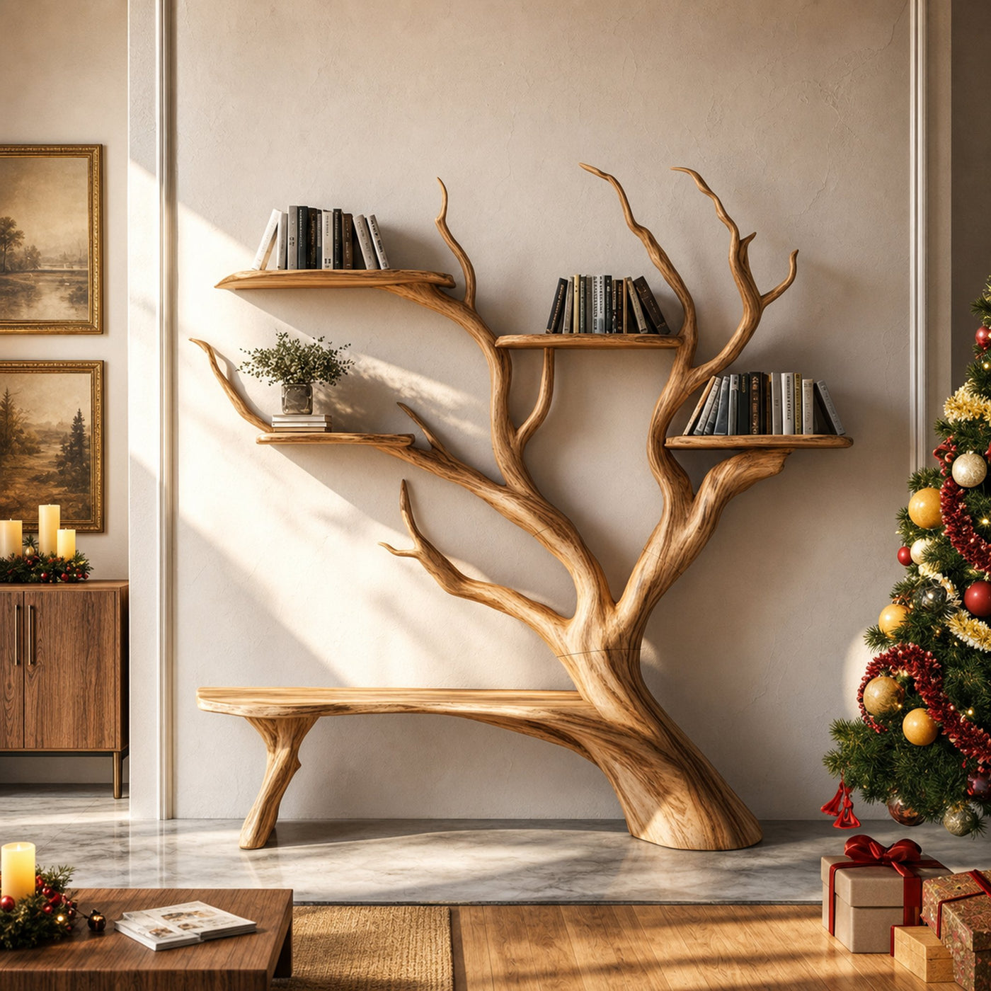 Rustic Tree Bookshelf Bench Christmas Living Room Decor