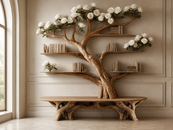 Rustic Tree Bookshelf Bench Living Room