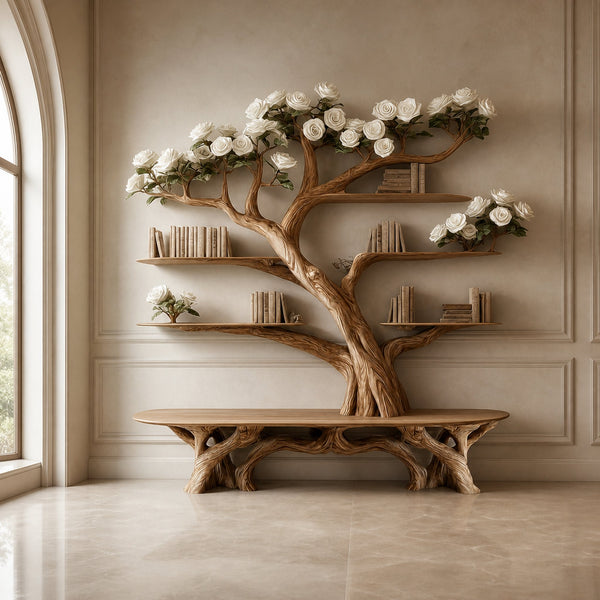 Rustic Tree Bookshelf Bench Living Room