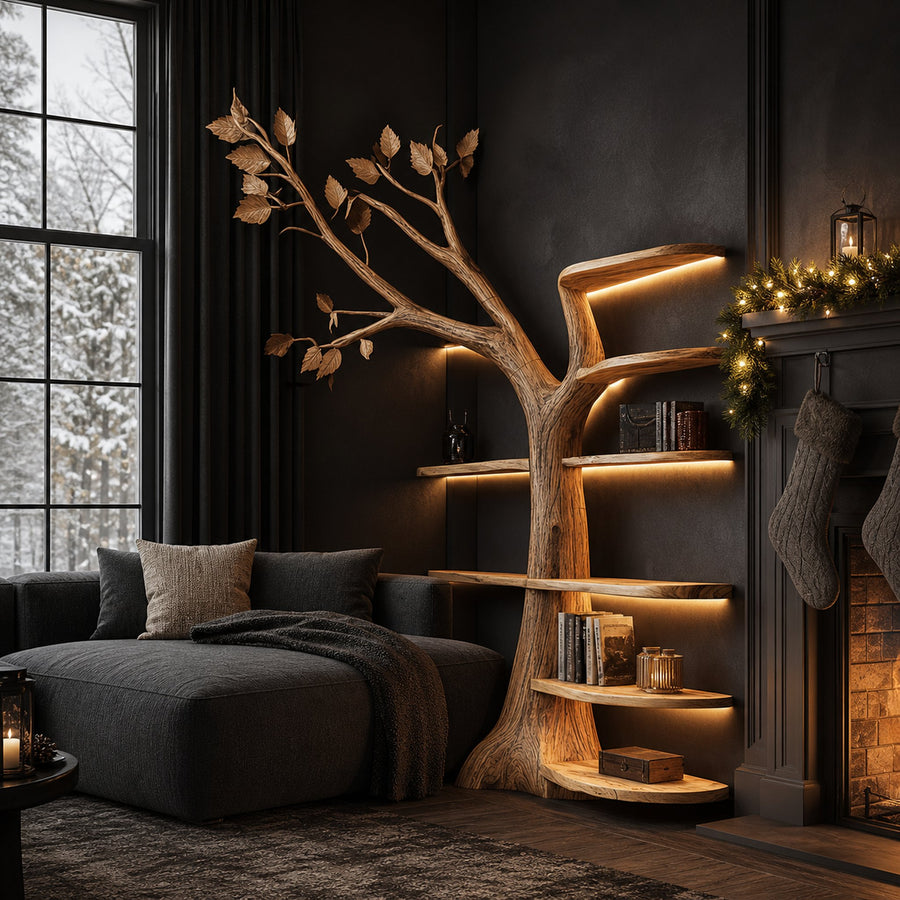 Rustic Tree Bookshelf Christmas Decor Living Entryway