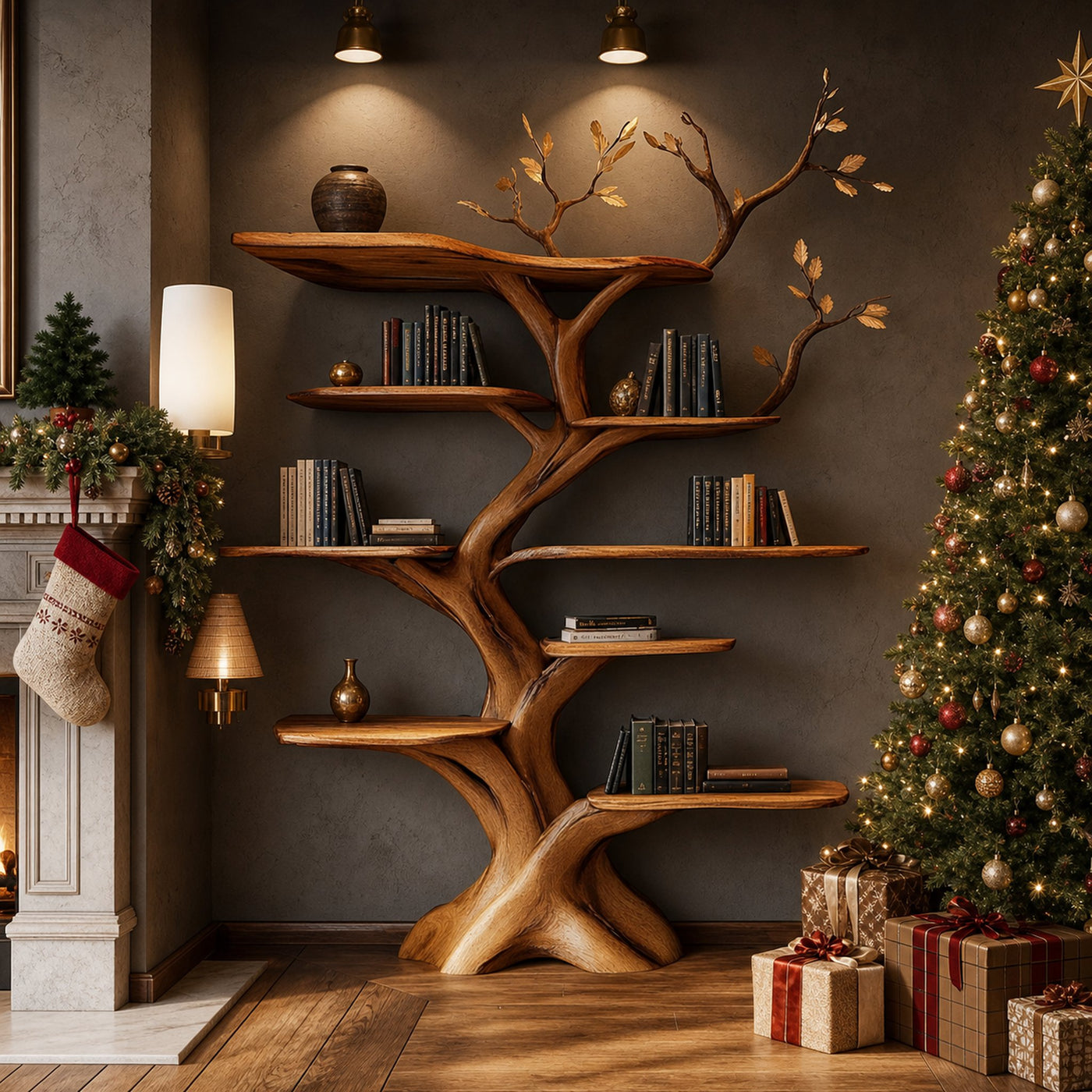 Rustic Tree Bookshelf Christmas Decor Living Or Bedroom