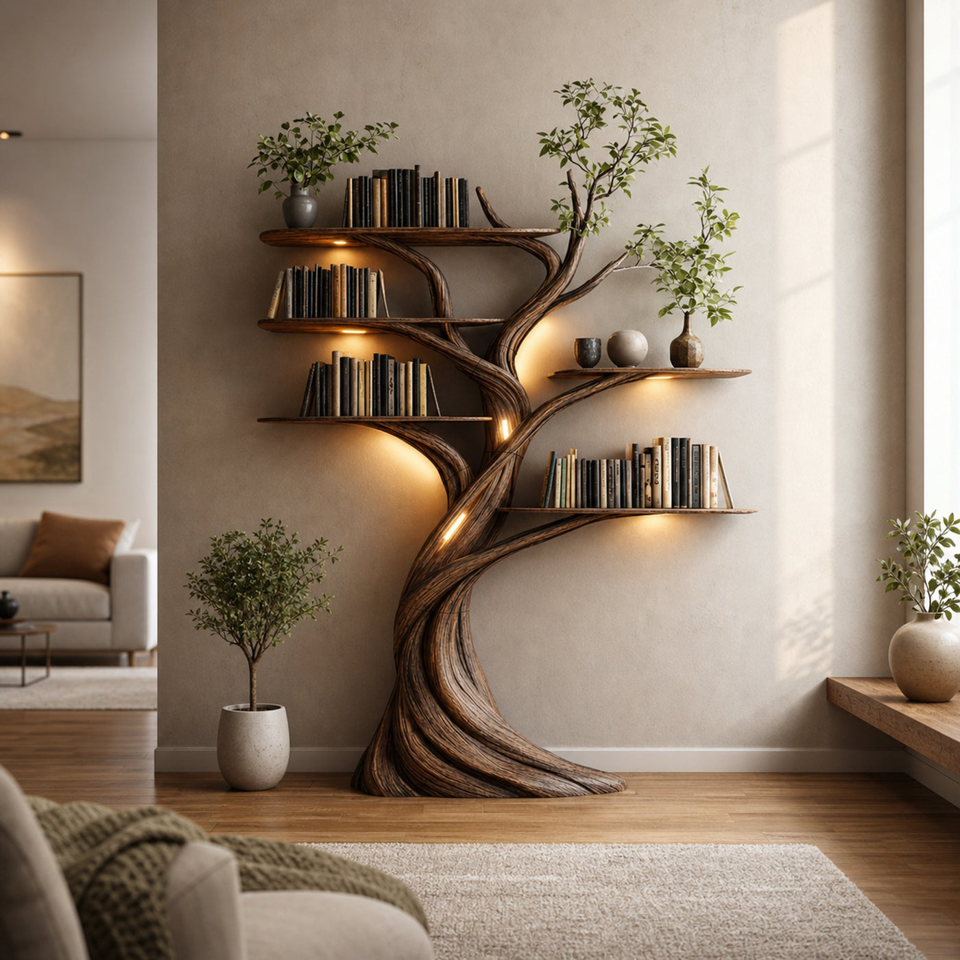 Rustic Tree Bookshelf Contemporary Living Room