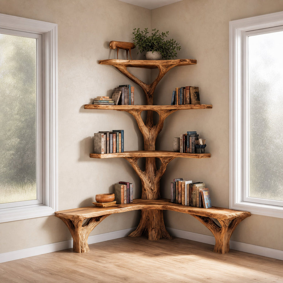 Rustic Tree Bookshelf Corner Living Room