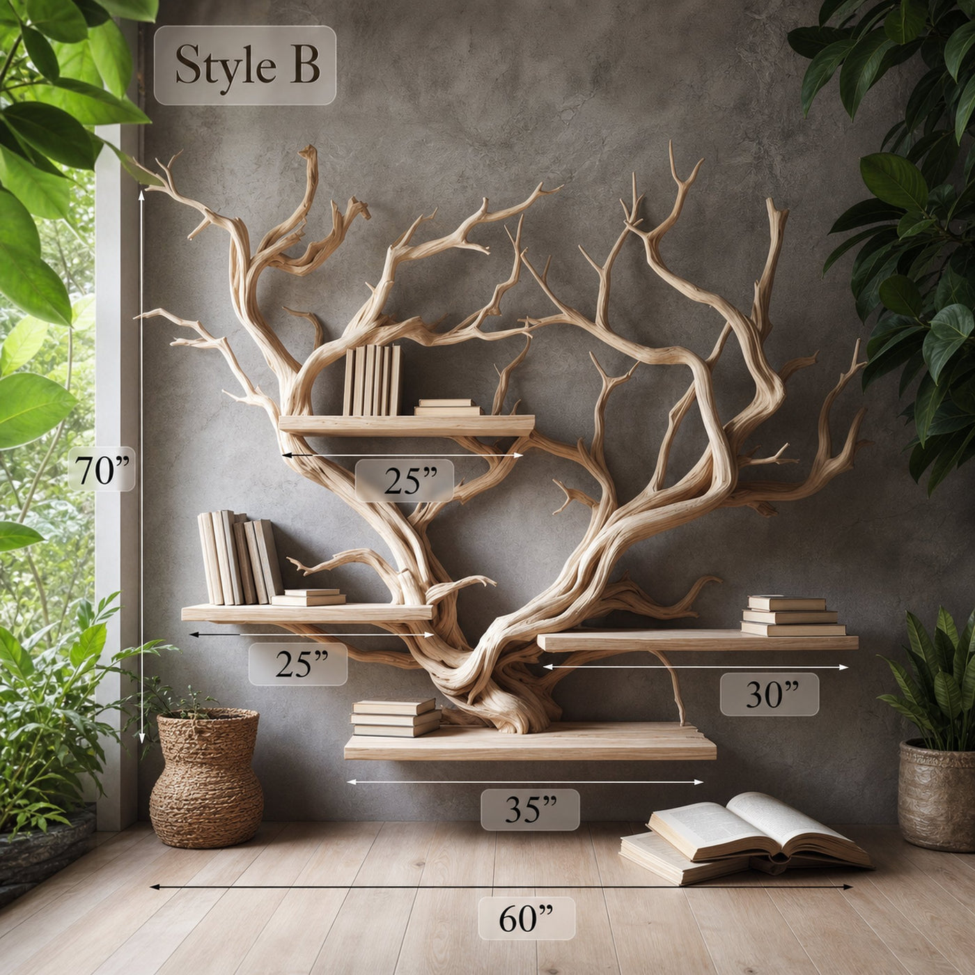 Rustic Tree Bookshelf Driftwood Wall Shelf Bookshelf Home Office Decor - product view 4