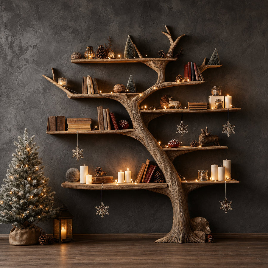 Rustic Tree Bookshelf Holiday Living Room