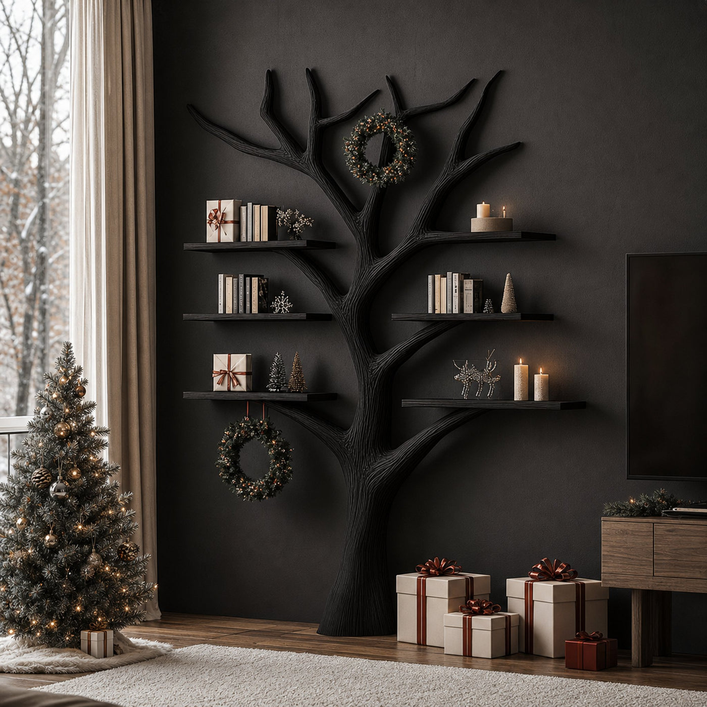 Rustic Tree Bookshelf Living Room Christmas Holiday Wall Decor