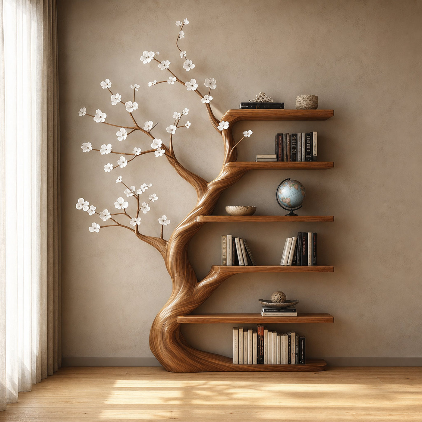 Rustic Tree Bookshelf Living Room Flower Design