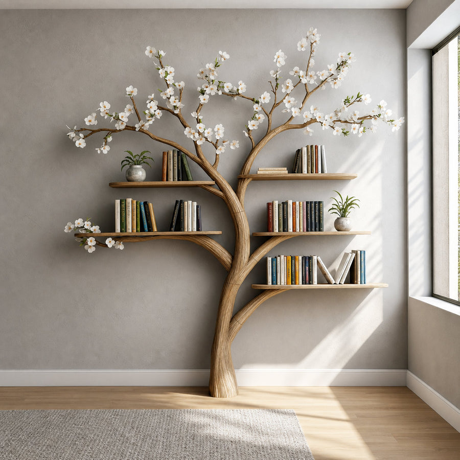 Rustic Tree Bookshelf Living Room Flower Wall Display
