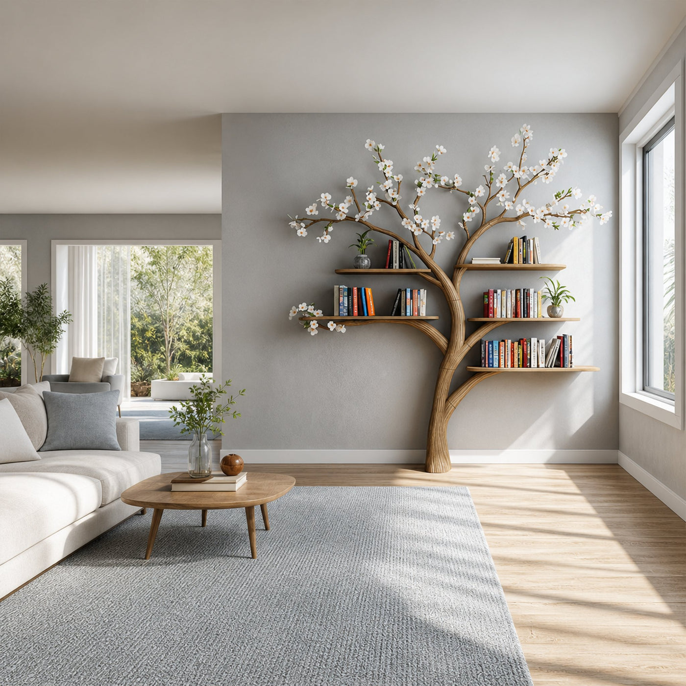Rustic Tree Bookshelf Living Room Flower Wall Display - product view 2