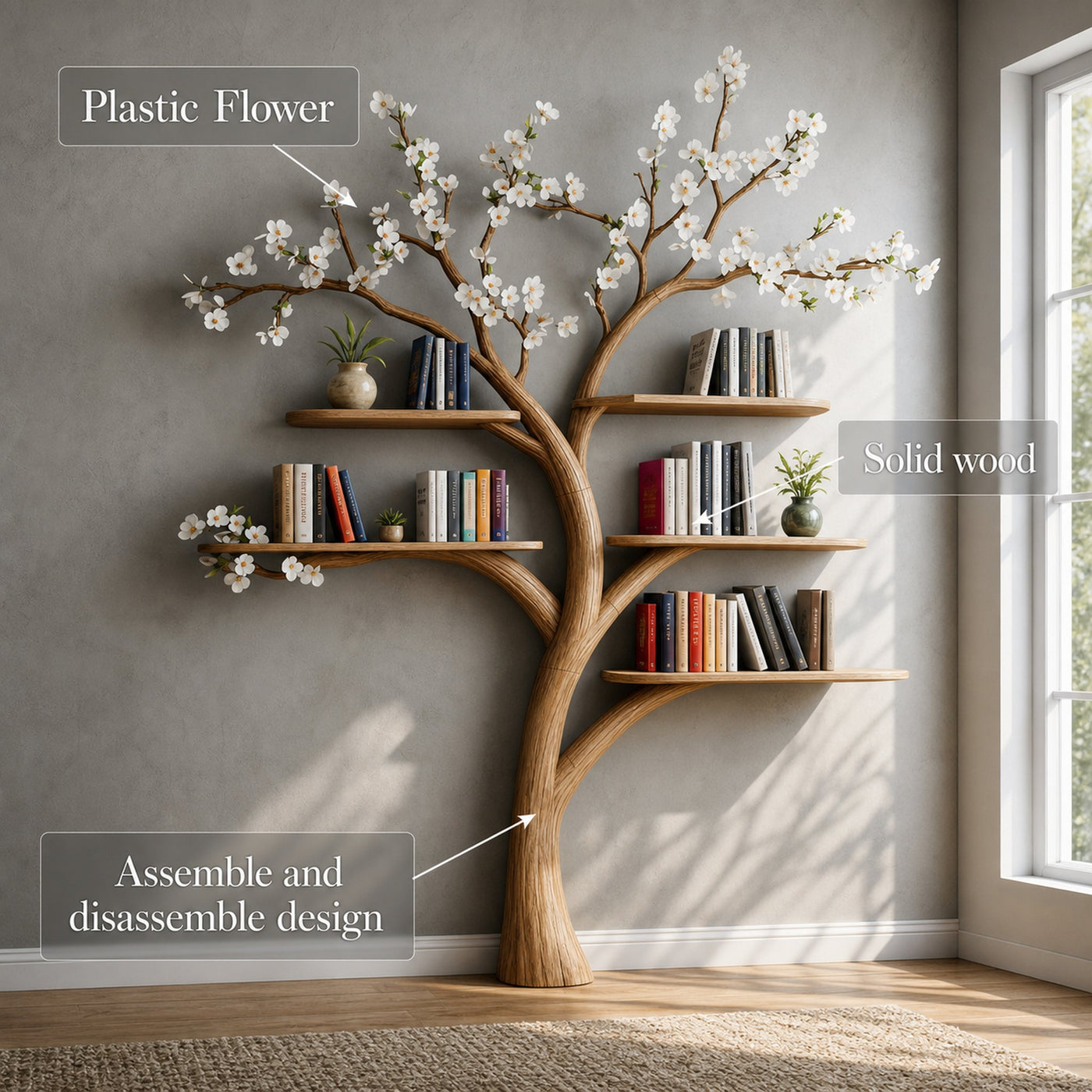 Rustic Tree Bookshelf Living Room Flower Wall Display - product view 3