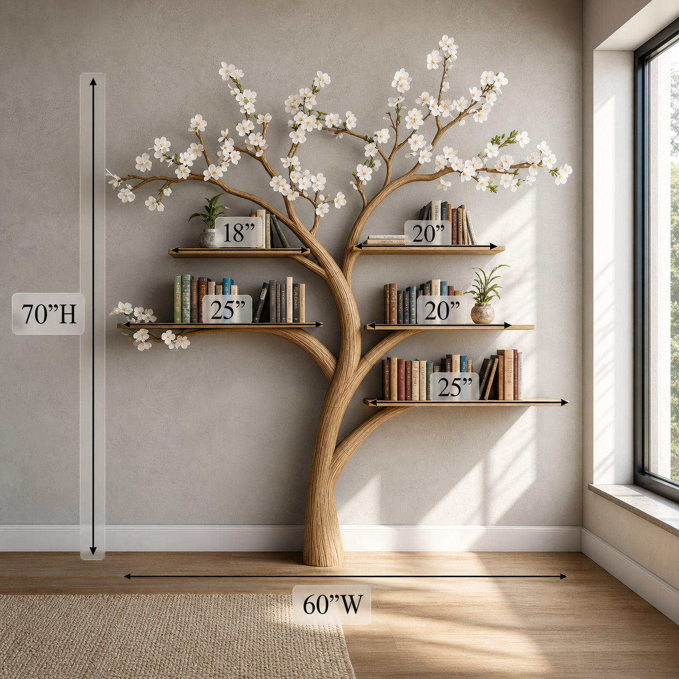 Rustic Tree Bookshelf Living Room Flower Wall Display - product view 4