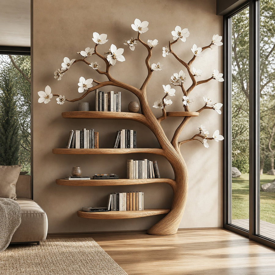 Rustic Tree Bookshelf Living Room Flower Wall Display