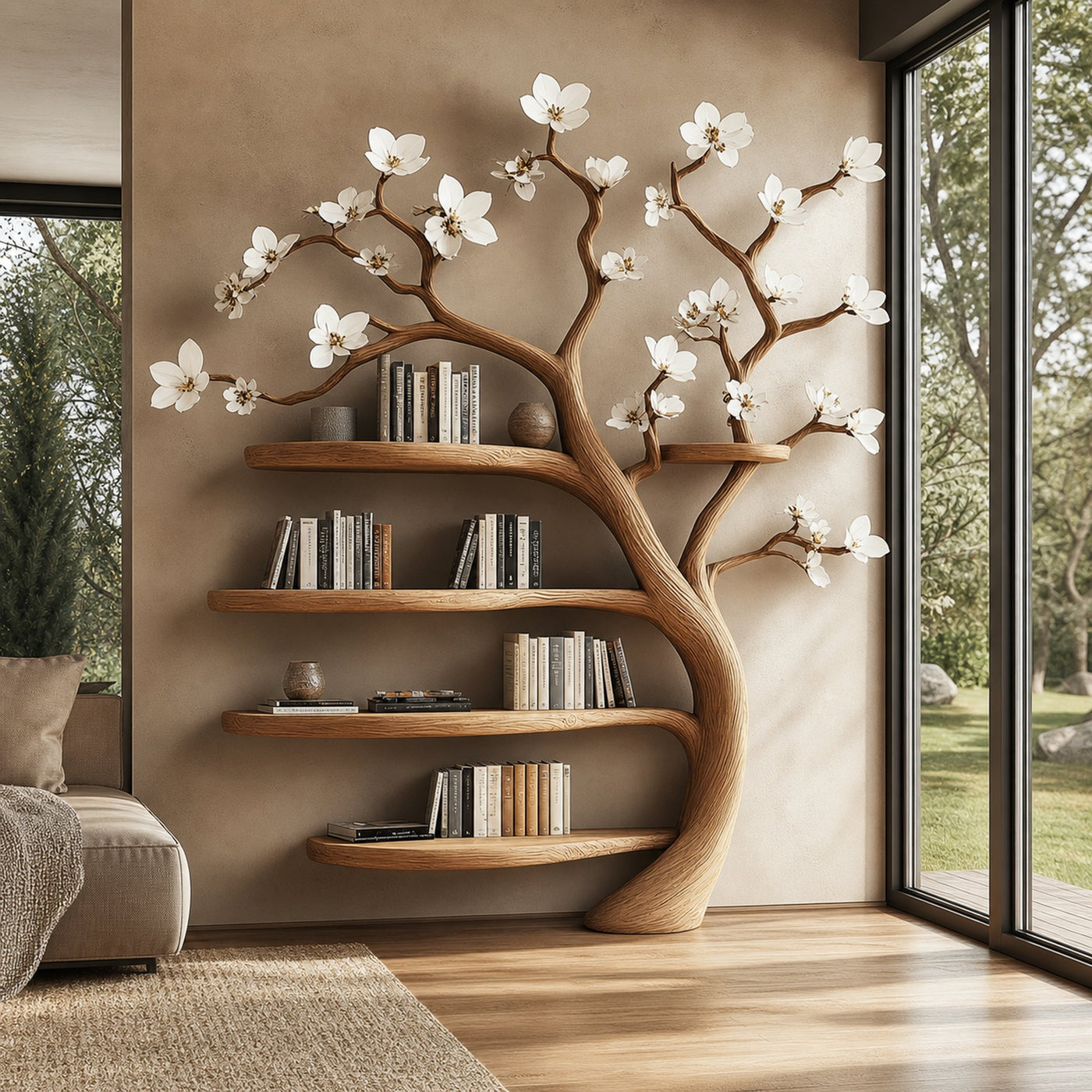Rustic Tree Bookshelf Living Room Flower Wall Display