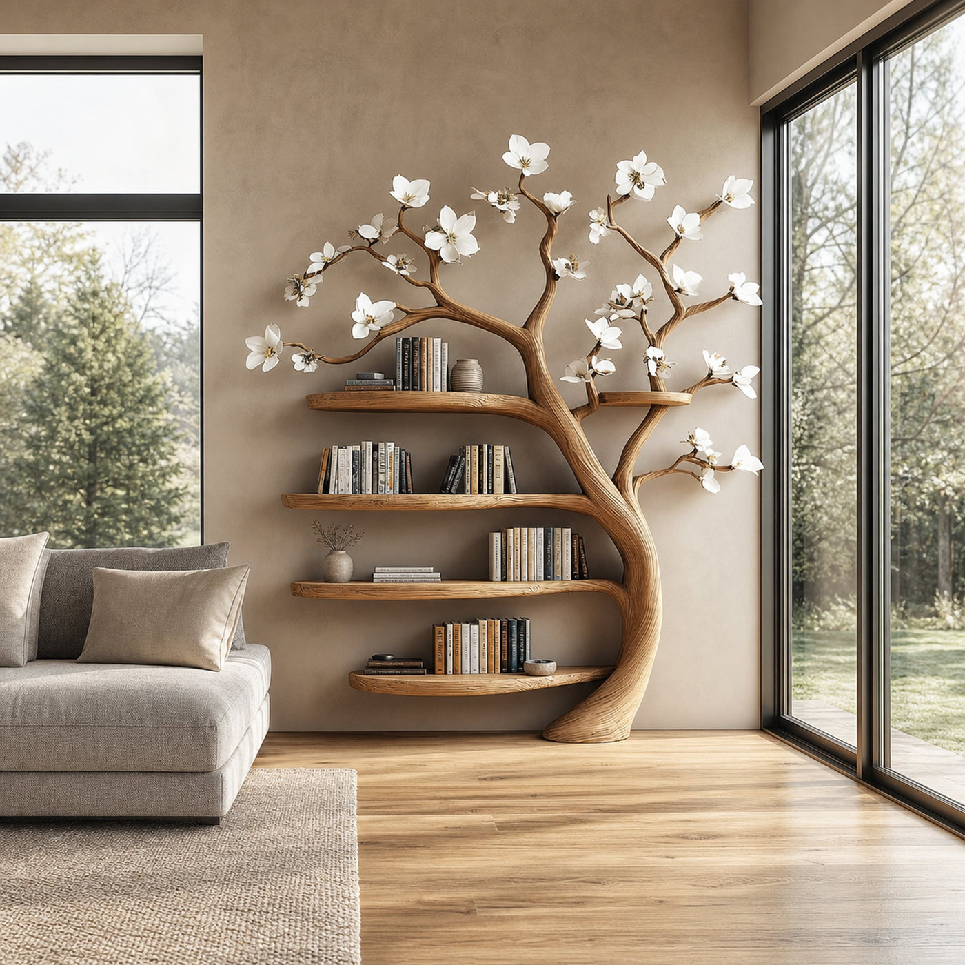 Rustic Tree Bookshelf Living Room Flower Wall Display - product view 2