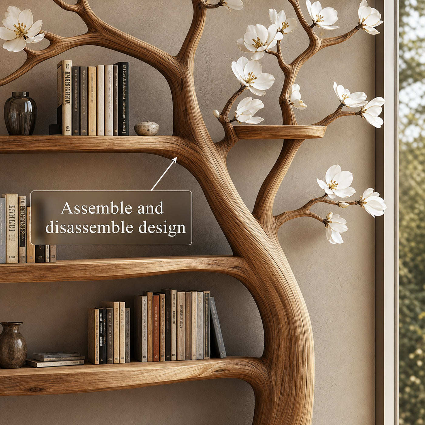 Rustic Tree Bookshelf Living Room Flower Wall Display - product view 3