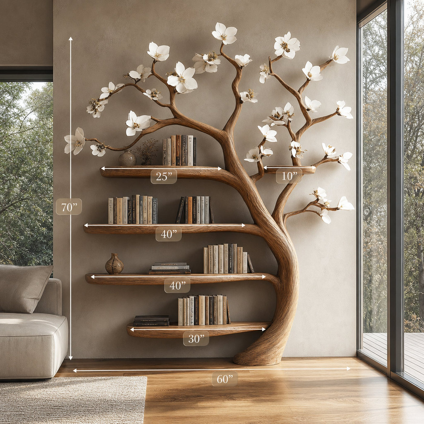 Rustic Tree Bookshelf Living Room Flower Wall Display - product view 5