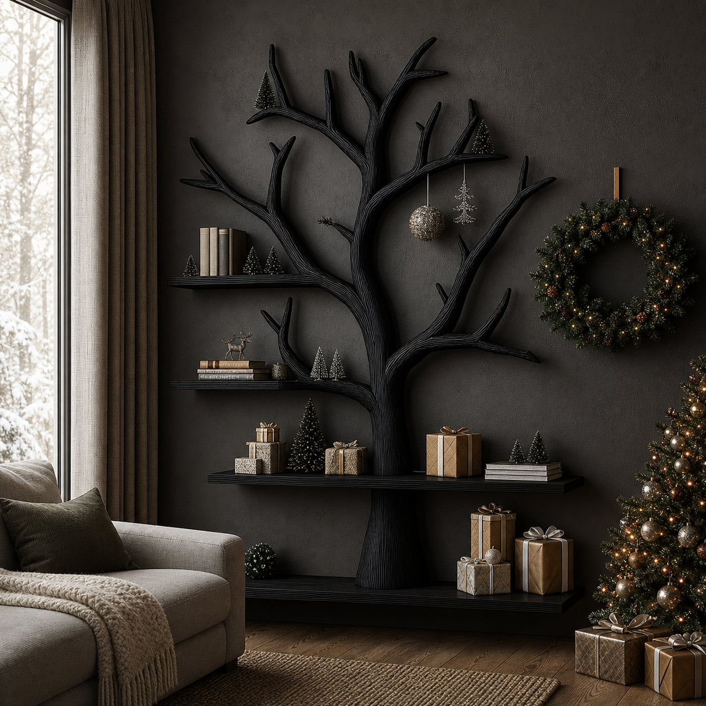 Rustic Tree Bookshelf Living Room Holiday Christmas Decor