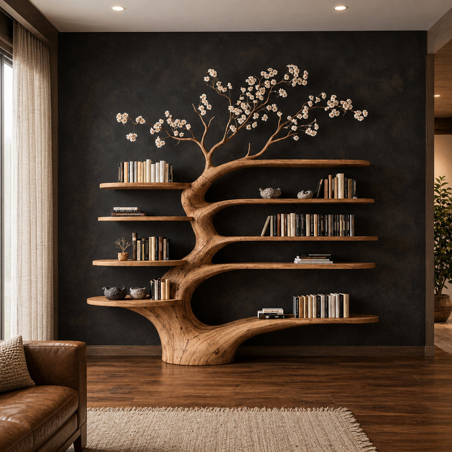 Rustic Tree Bookshelf Living Room Interior
