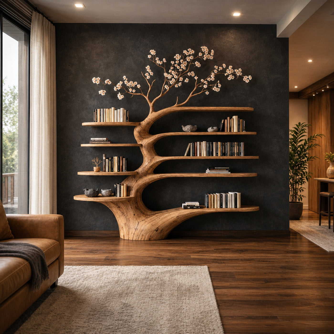 Rustic Tree Bookshelf Living Room Interior - product view 2