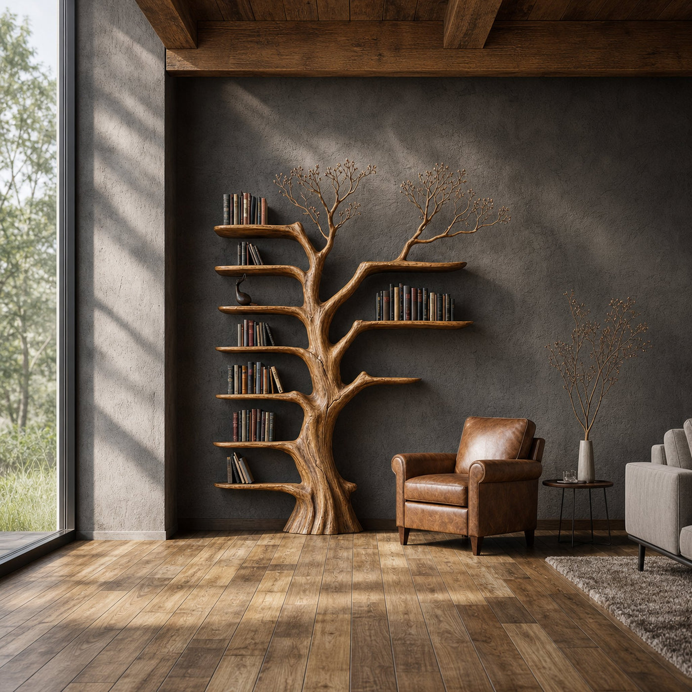Rustic Tree Bookshelf Living Room Interior Signature Wall Furniture - product view 2