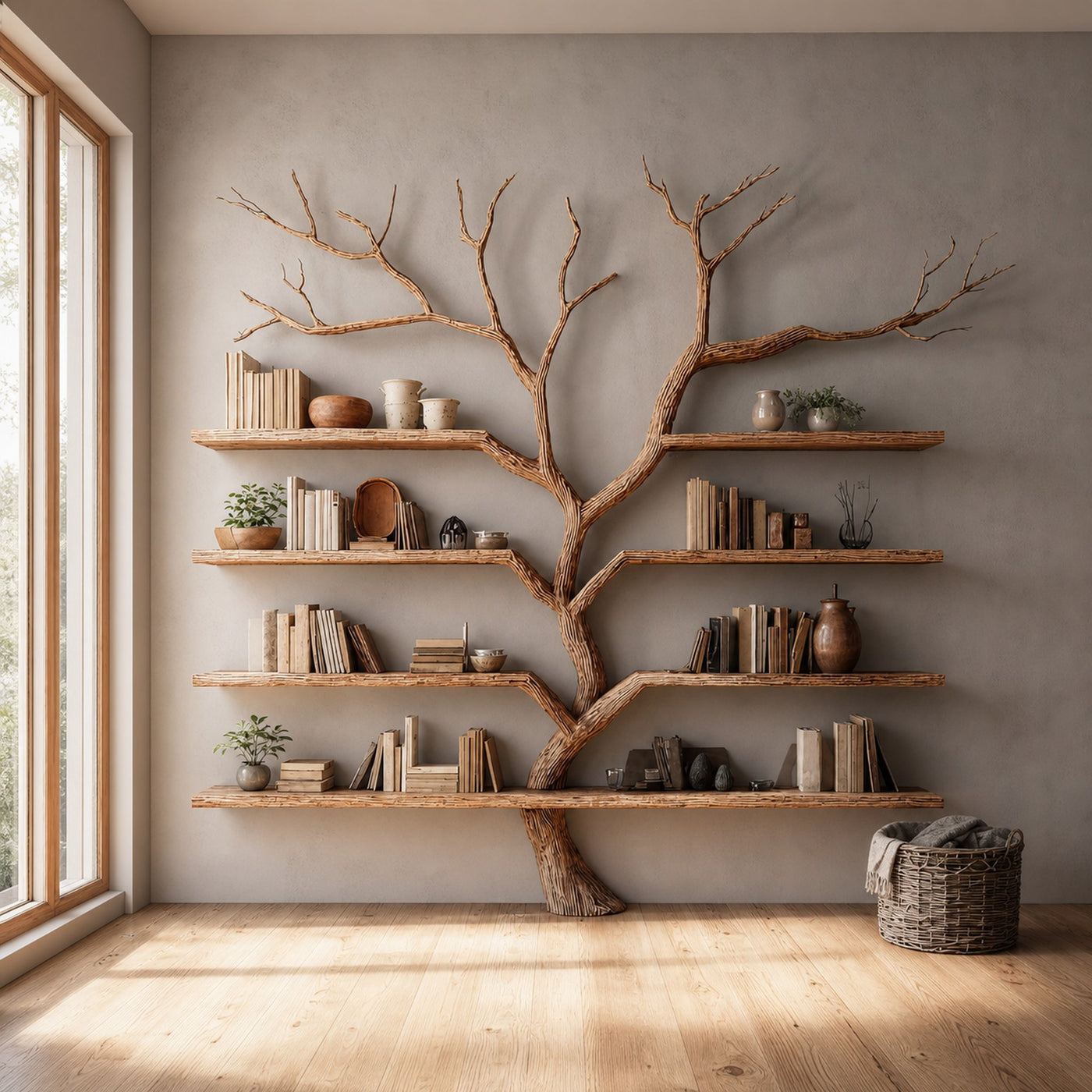 Rustic Tree Bookshelf Living Room Large Wall Display