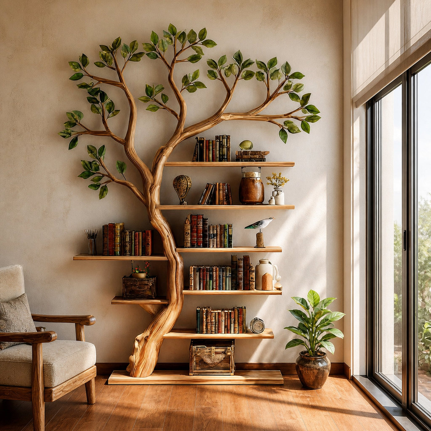 Rustic Tree Bookshelf Living Room Office Artistic Wall Display