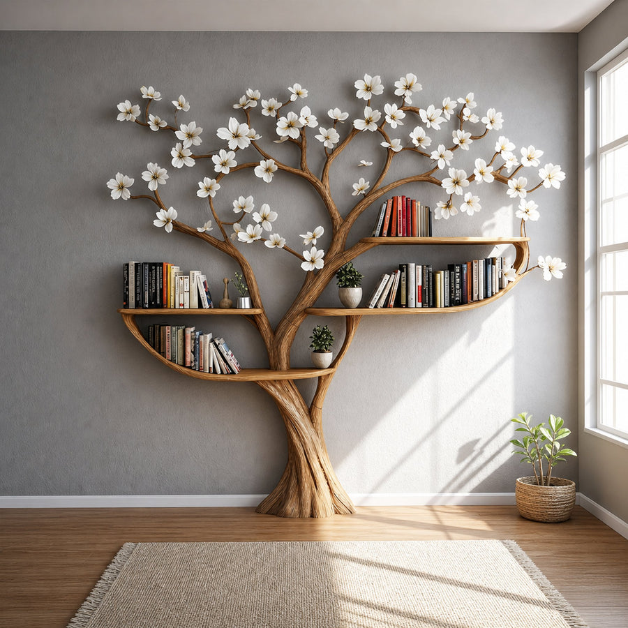Rustic Tree Bookshelf Living Room Or Bedroom Flower Design