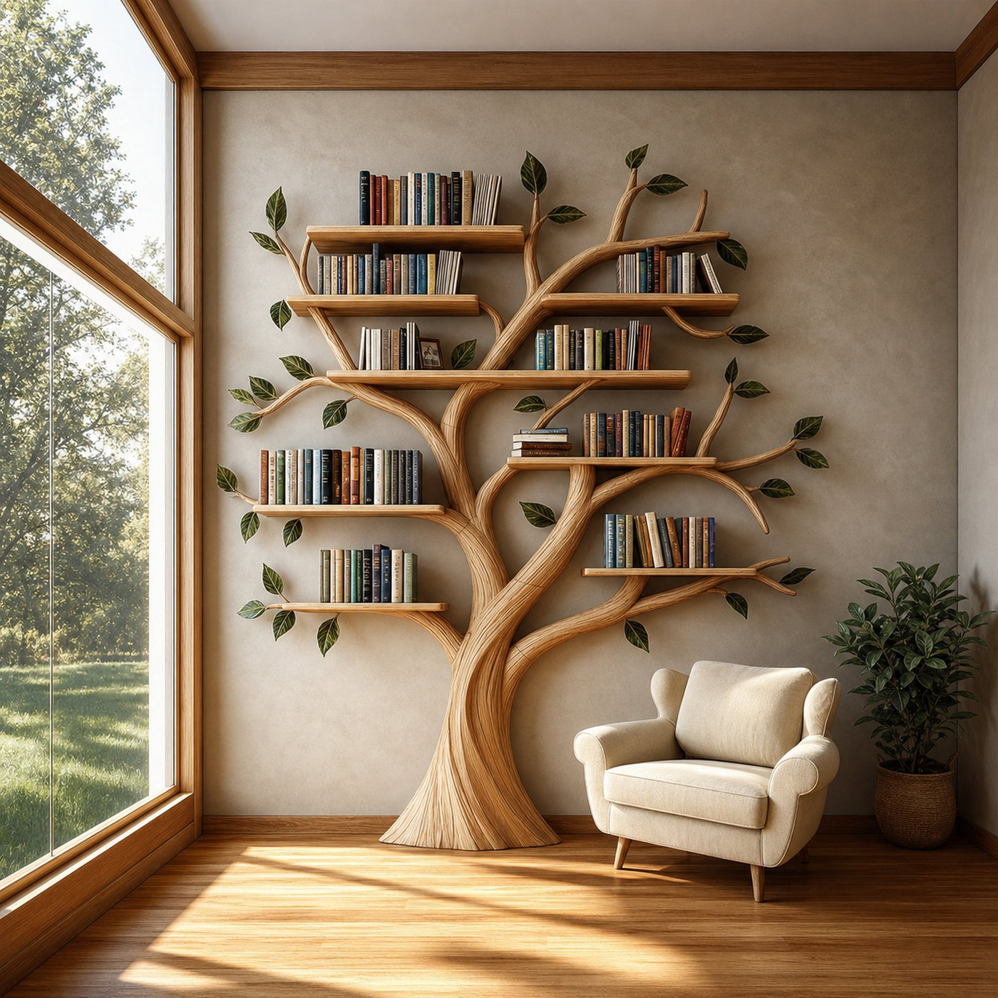 Rustic Tree Bookshelf Living Room Reading Corner