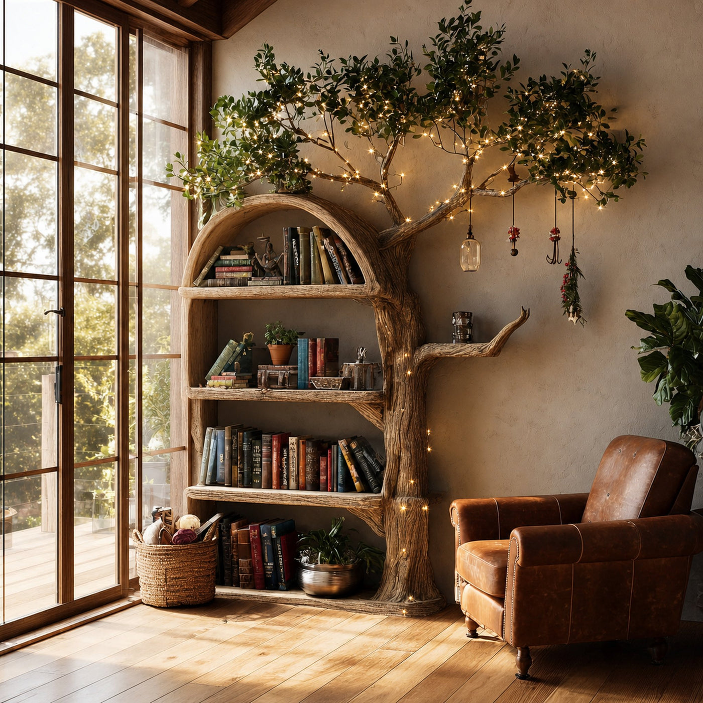 Rustic Tree Bookshelf Living Room Wall Display