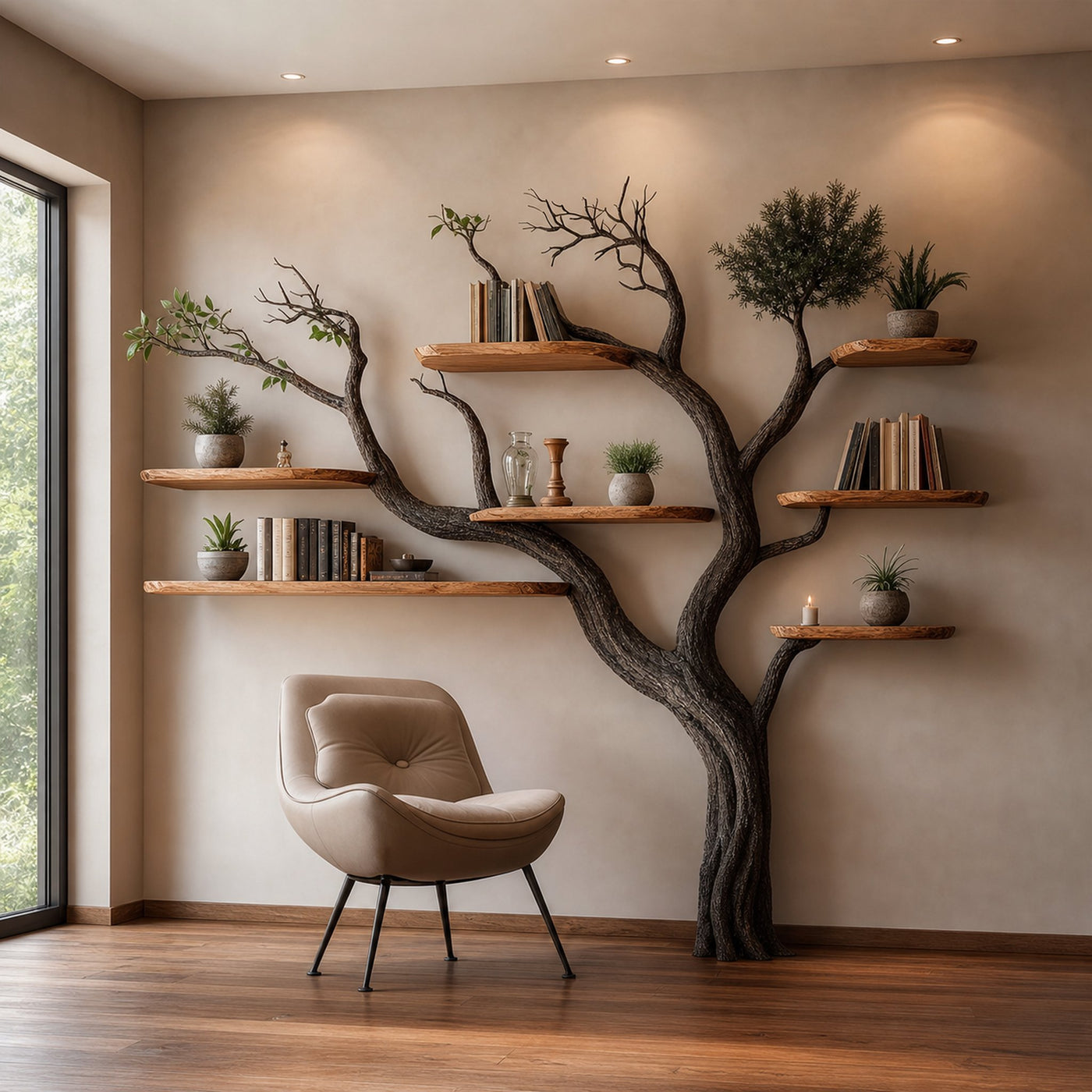 Rustic Tree Bookshelf Living Room Wall Storage