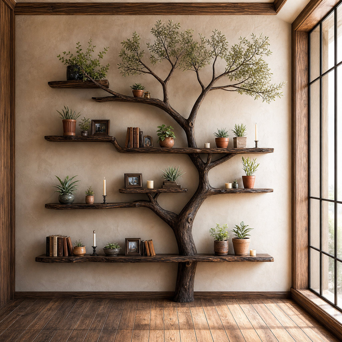 Rustic Tree Bookshelf Living Wall Decor