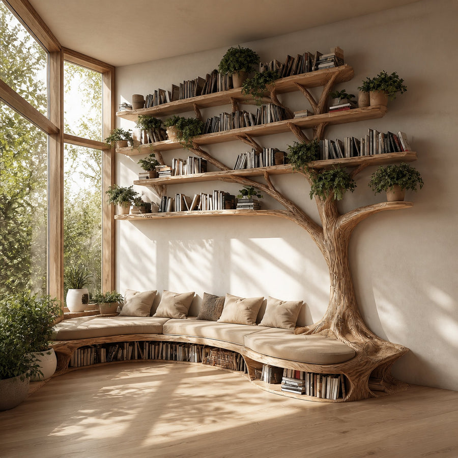 Rustic Tree Bookshelf Seating Home Office