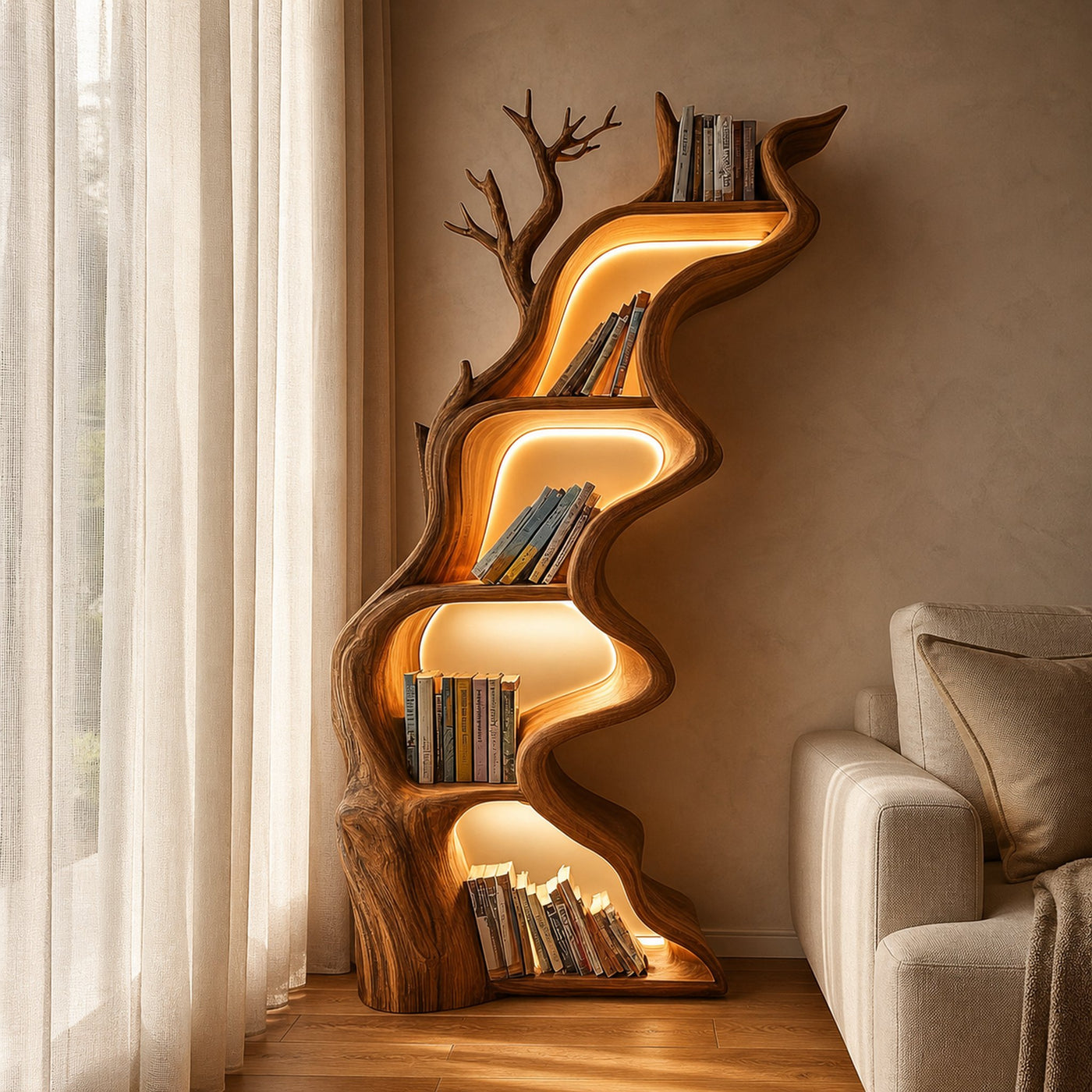 Rustic Tree Bookshelf Solid Wood Live Edge Modern Decor Gift
