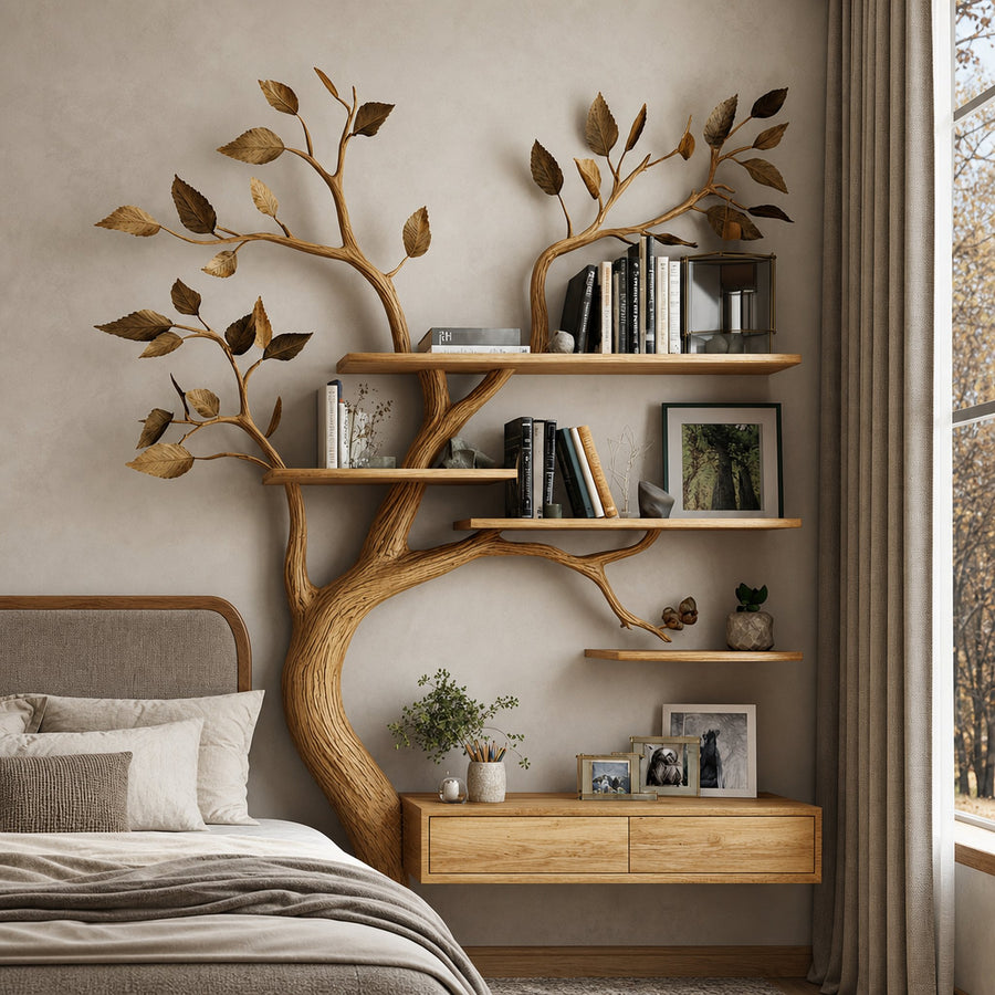 Rustic Tree Bookshelf Vanity With Cabinet Organic Bedroom Wall