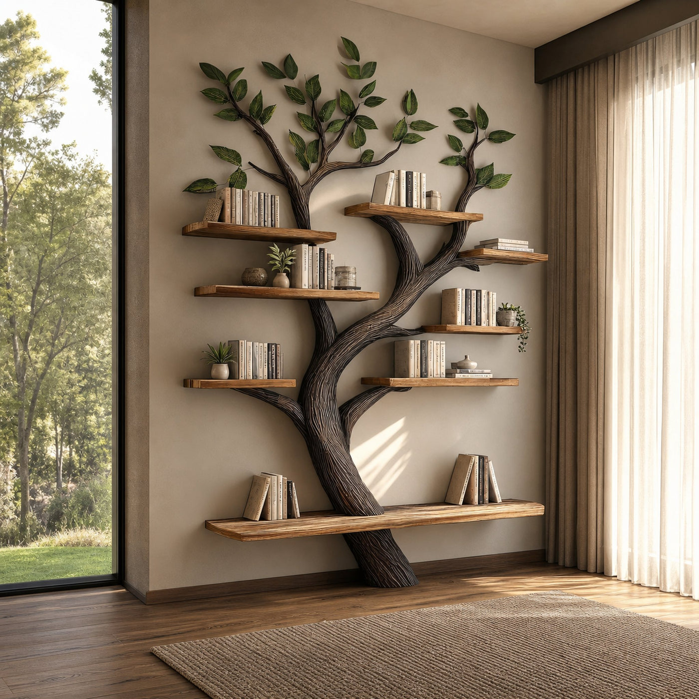 Rustic Tree Bookshelf Wall Display Bedroom Or Entryway