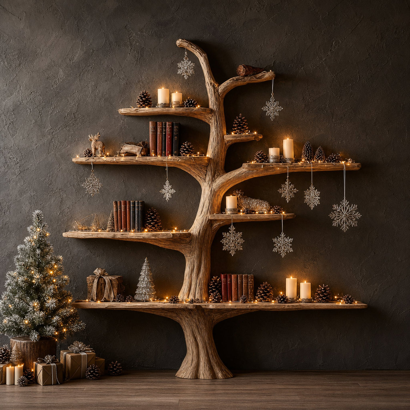 Rustic Tree Bookshelf Winter Living Room
