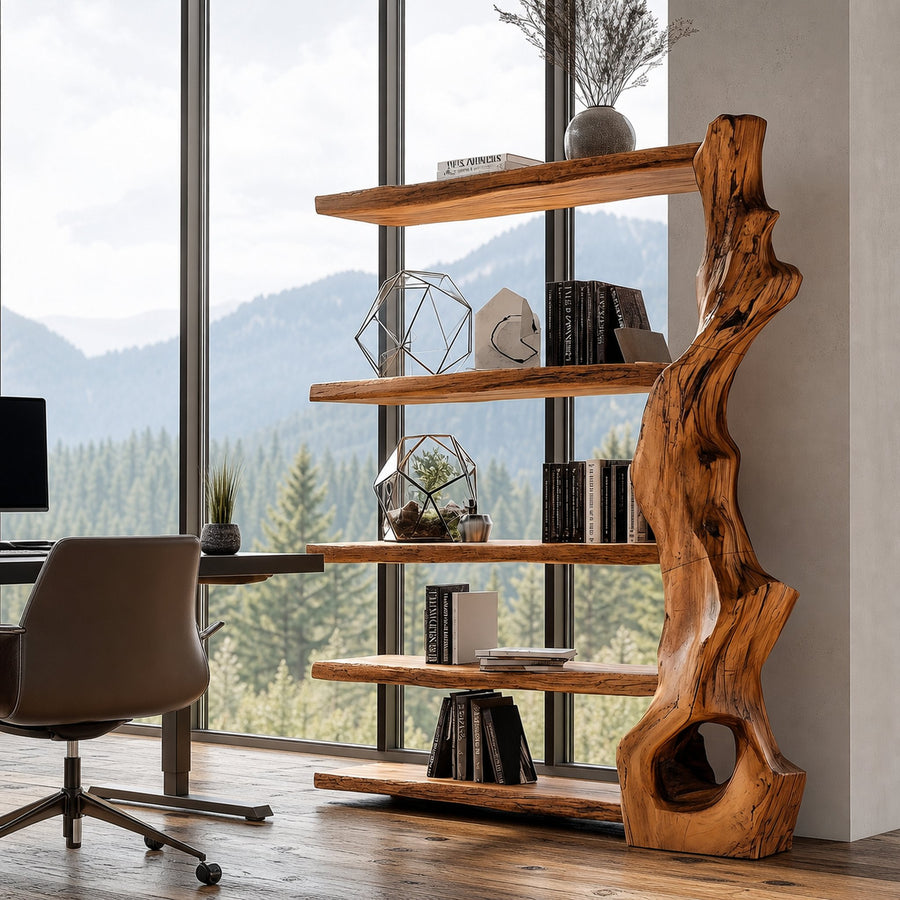 Rustic Tree Bookshelf With Handcrafted Branch Base And Open Shelves