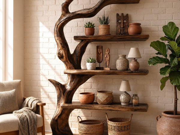 Rustic Tree Bookshelf With Handcrafted Branch Design And Open Display Shelves For Living Room