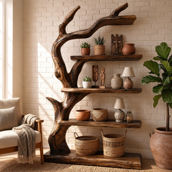 Rustic Tree Bookshelf With Handcrafted Branch Design And Open Display Shelves For Living Room