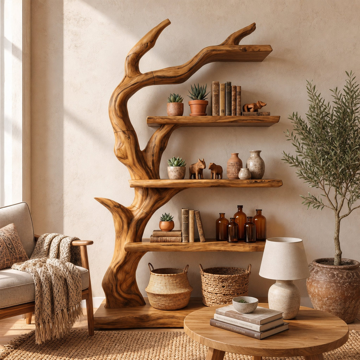 Rustic Tree Bookshelf With Handcrafted Branch Design And Open Display Shelves For Living Room - product view 6