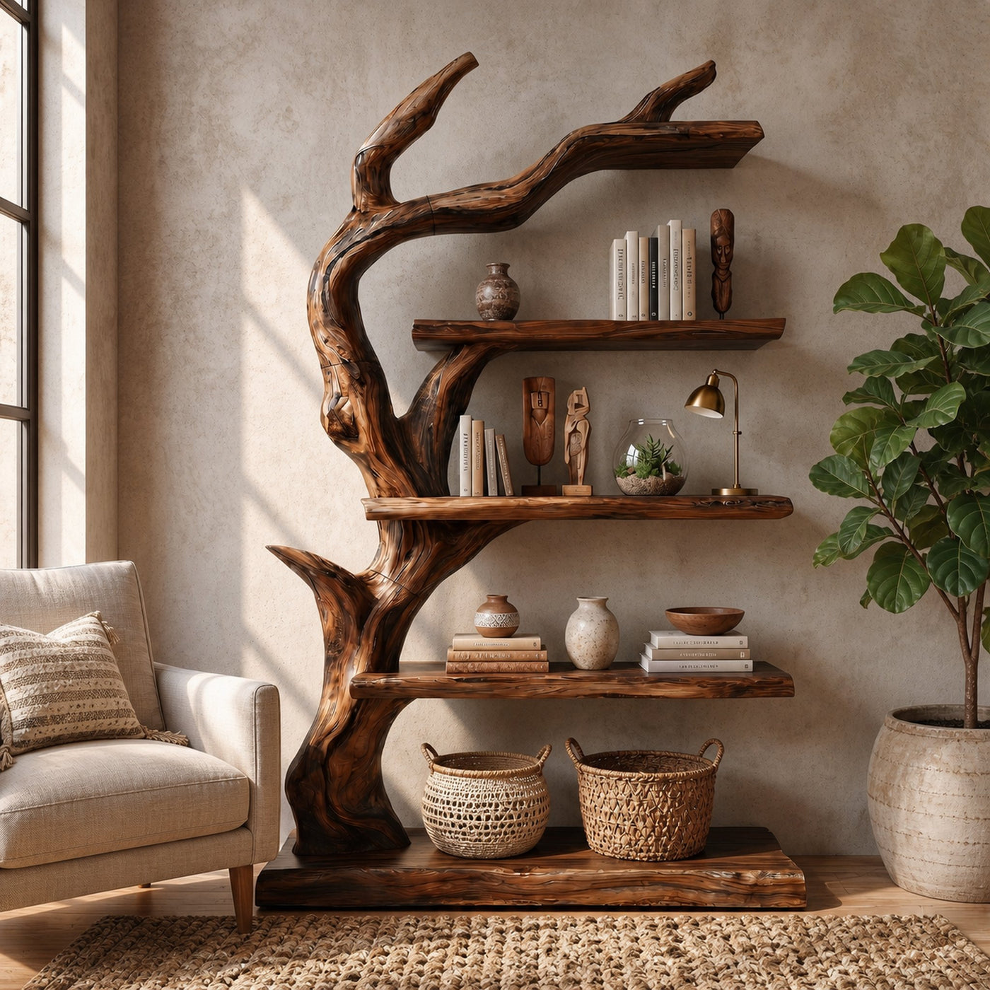 Rustic Tree Bookshelf With Handcrafted Branch Design And Open Display Shelves For Living Room - product view 7