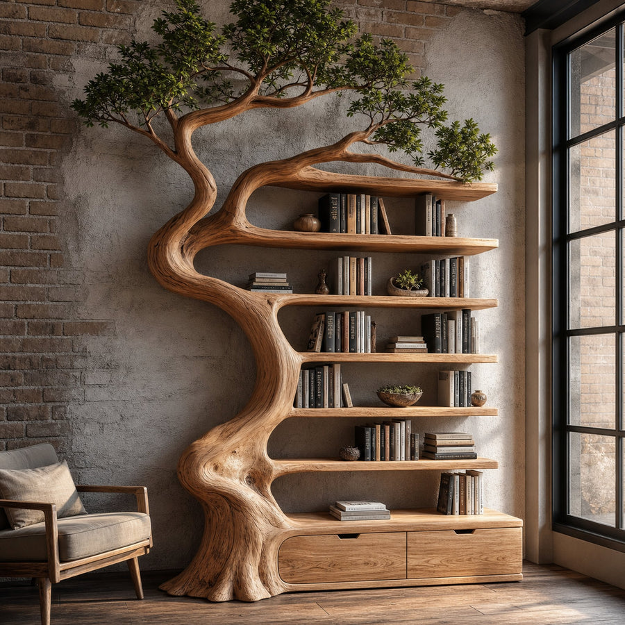 Rustic Tree Bookshelf With Storage Cabinet For Living Room