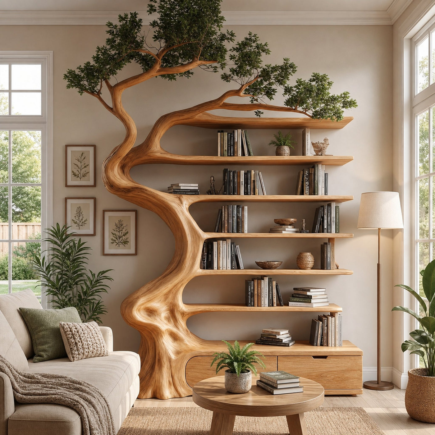 Rustic Tree Bookshelf With Storage Cabinet For Living Room - product view 6