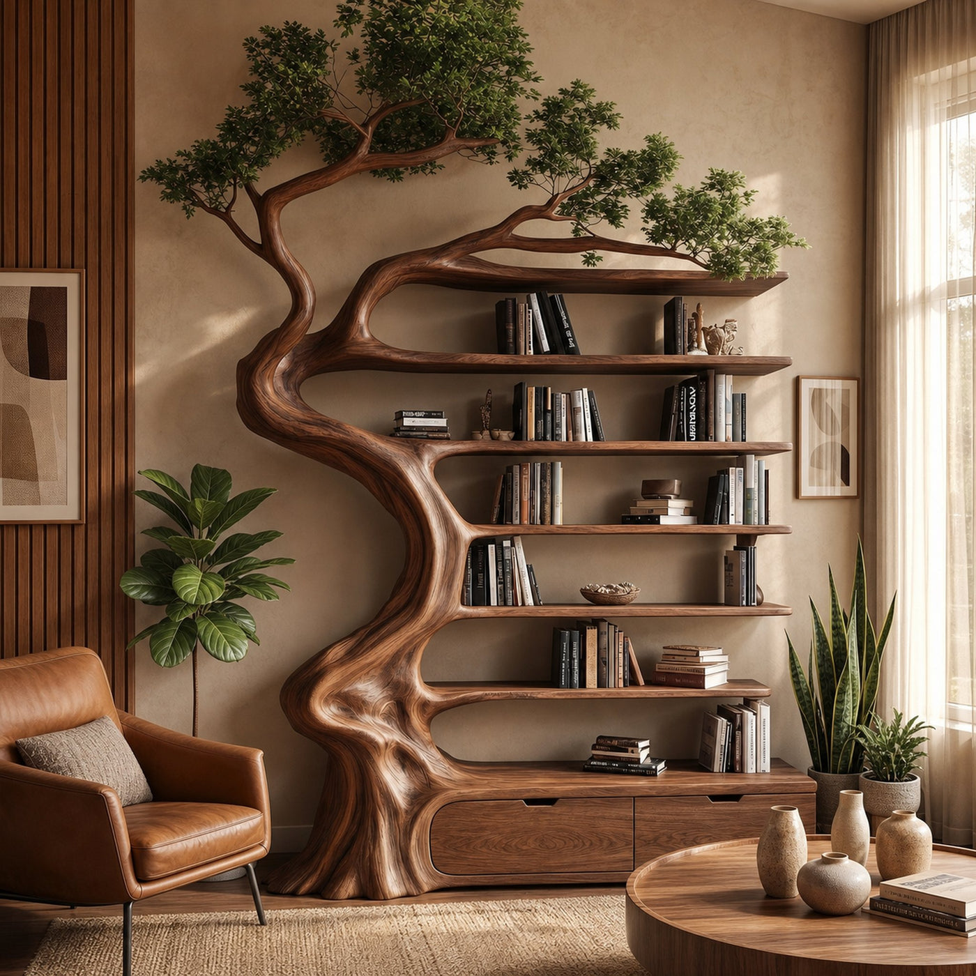 Rustic Tree Bookshelf With Storage Cabinet For Living Room - product view 7