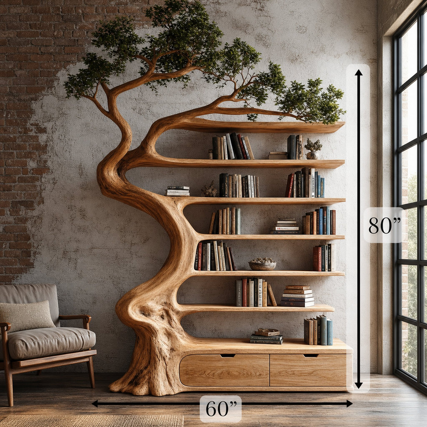 Rustic Tree Bookshelf With Storage Cabinet For Living Room - product view 8