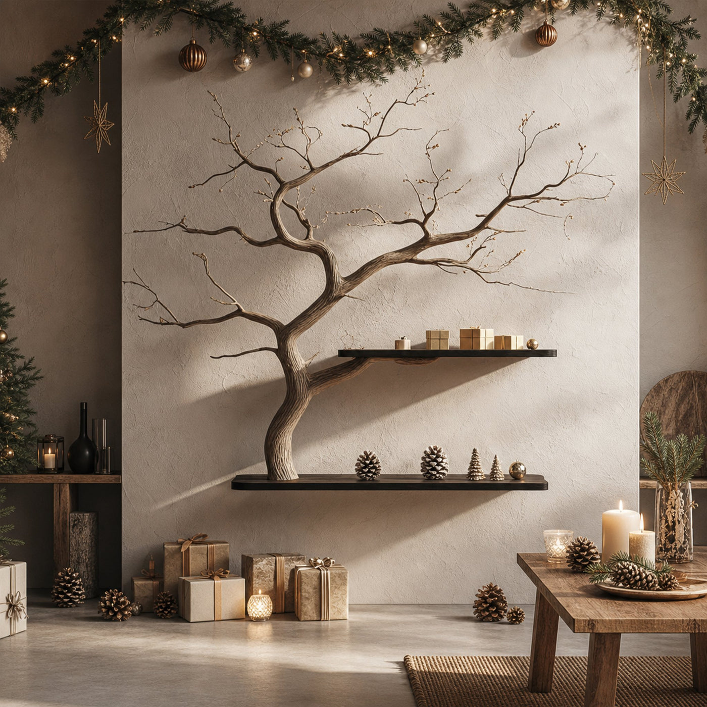 Rustic Tree Branch Bookshelf Christmas Wall Display