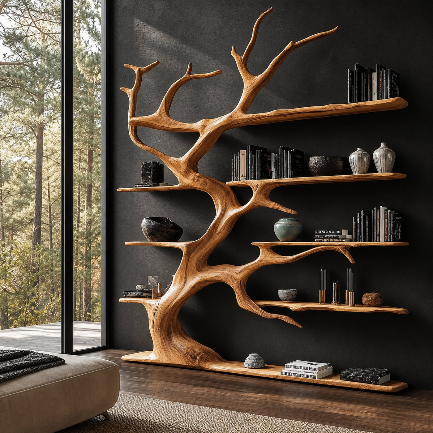 Rustic Tree Branch Bookshelf For Living Room Decor