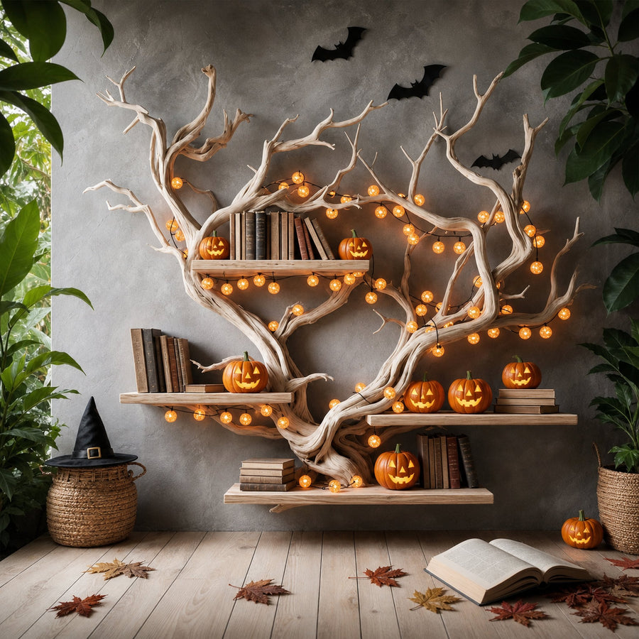 Rustic Tree Branch Bookshelf Halloween Wall Shelf Living Room Decor